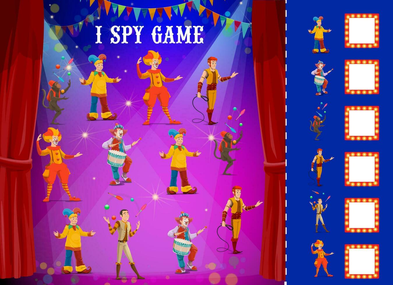 Kids I spy game, shapito circus clowns and animals vector