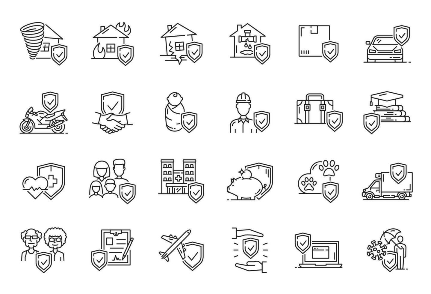 Insurance outline icons. Health, safety, business vector