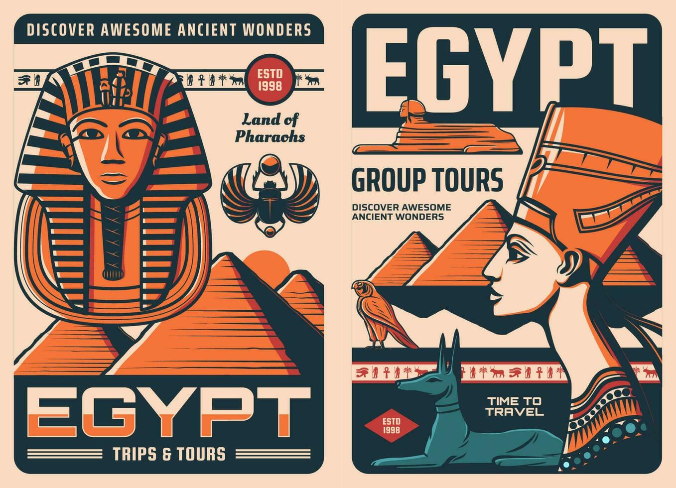 antiguo Egipto viaje retro póster, faraón pirámide vector