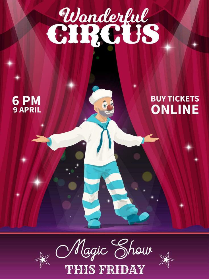 Shapito circus poster, sailor clown character vector