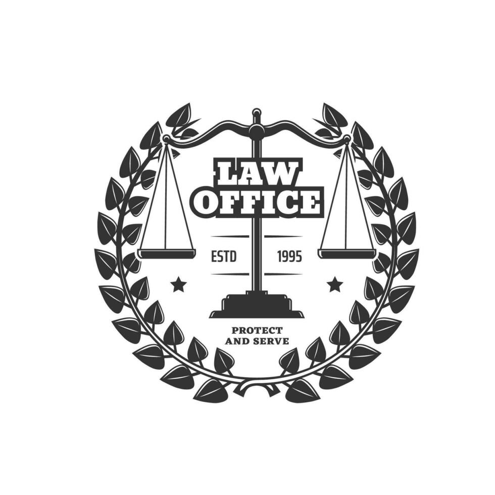 Law office icon with laurel wreath and scales vector