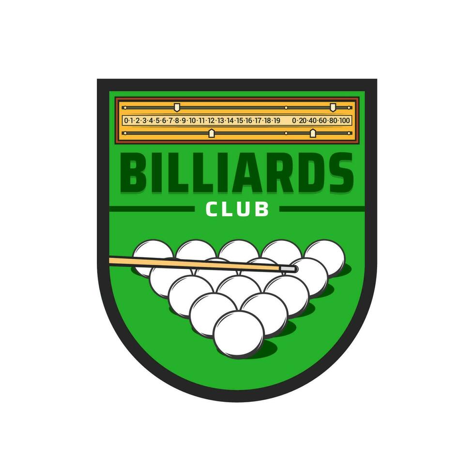 Billiards club icon, snooker balls and pool cue vector
