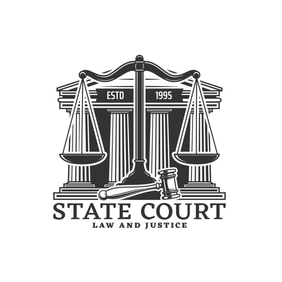 Courthouse icon with scales, court and judge gavel vector