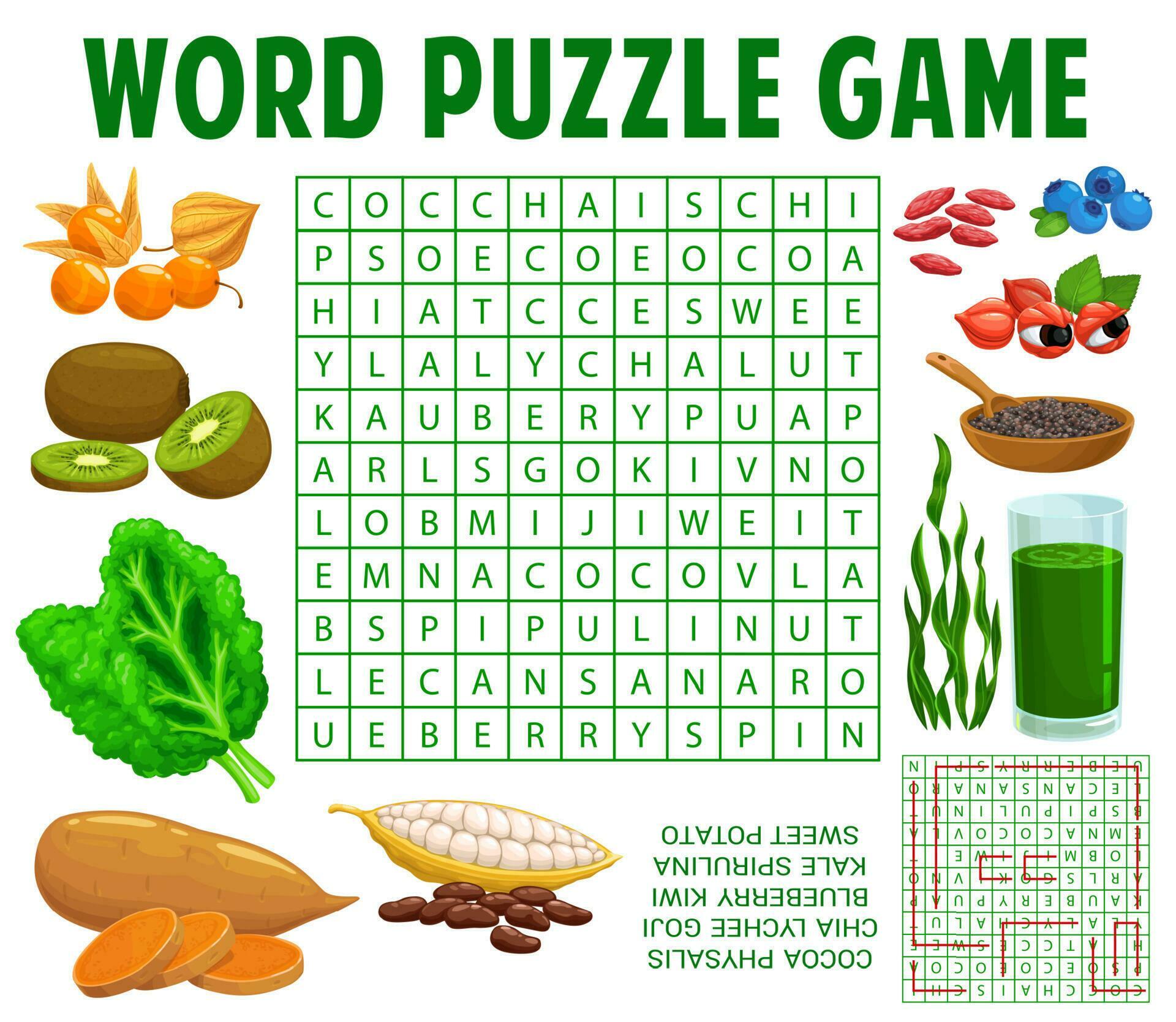 Superfoods word search puzzle game worksheet 23518682 Vector Art at
