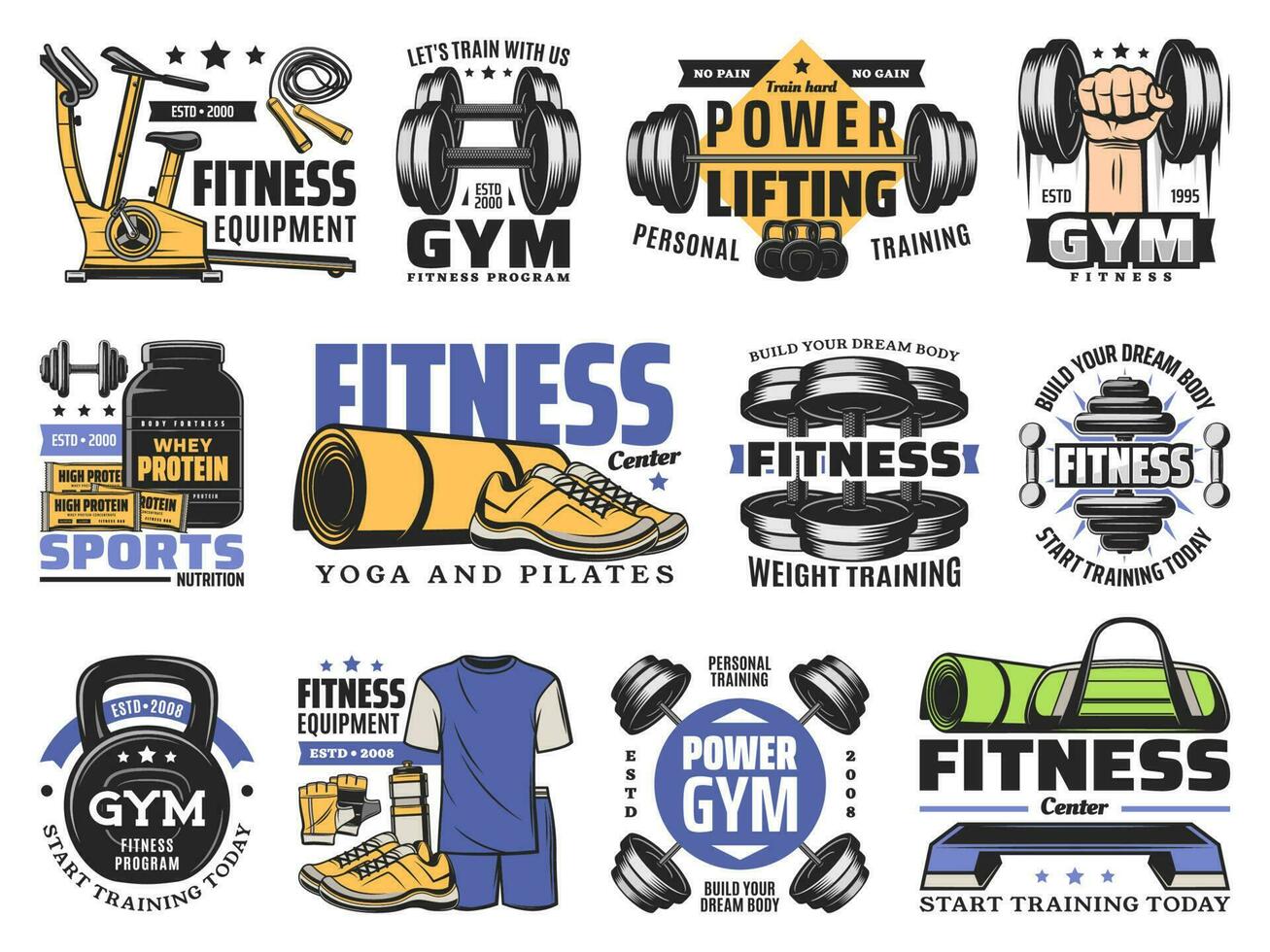 Sport equipment and fitness tool icons of gym vector