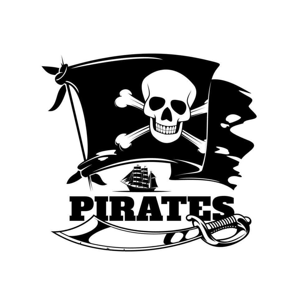 Pirate flag, skull and ship isolated vector icon