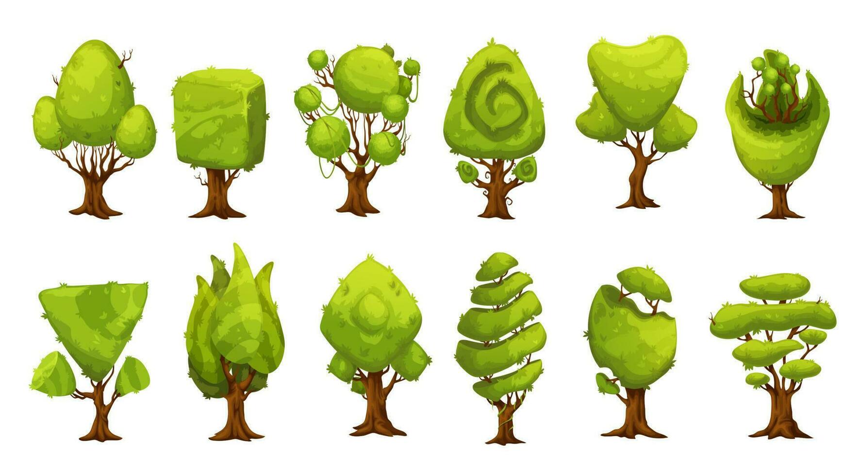 Cartoon fantasy forest and jungle trees assets vector