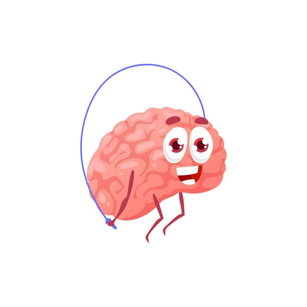 dibujos animados cerebro saltando en cuerda aislado mente mascota vector