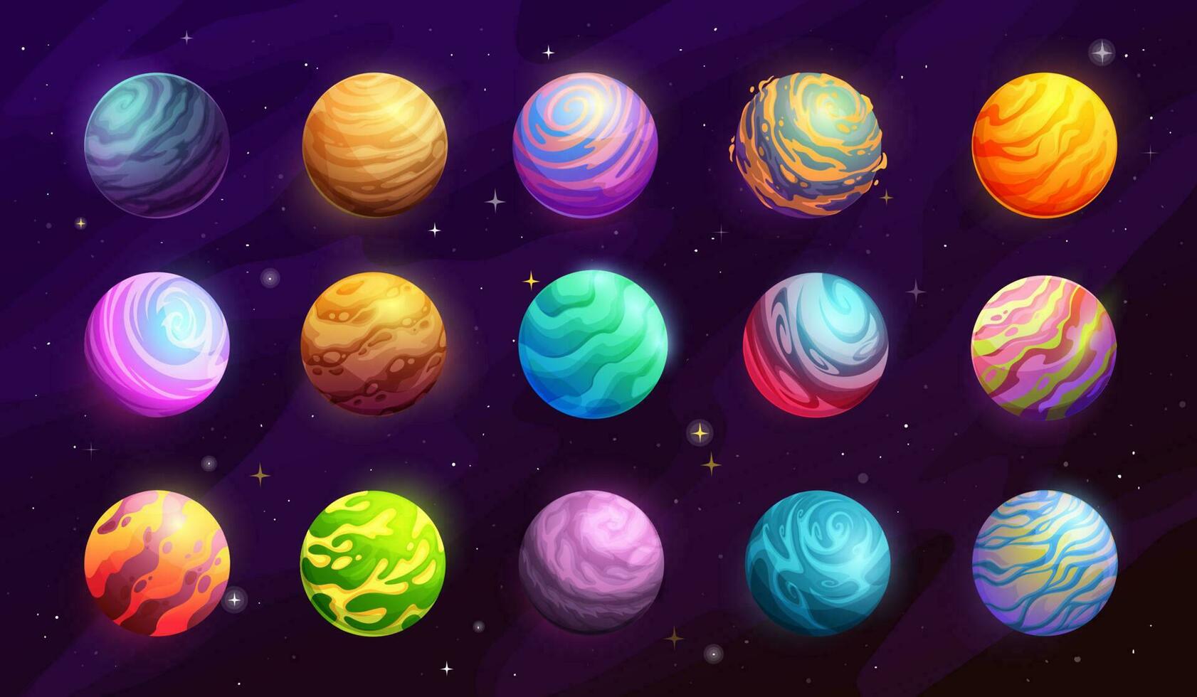 Cartoon space planets with ice, water and lava vector