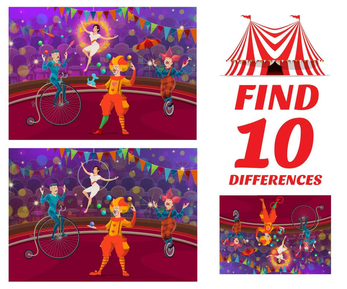 Kids game, find difference on shapito circus stage vector