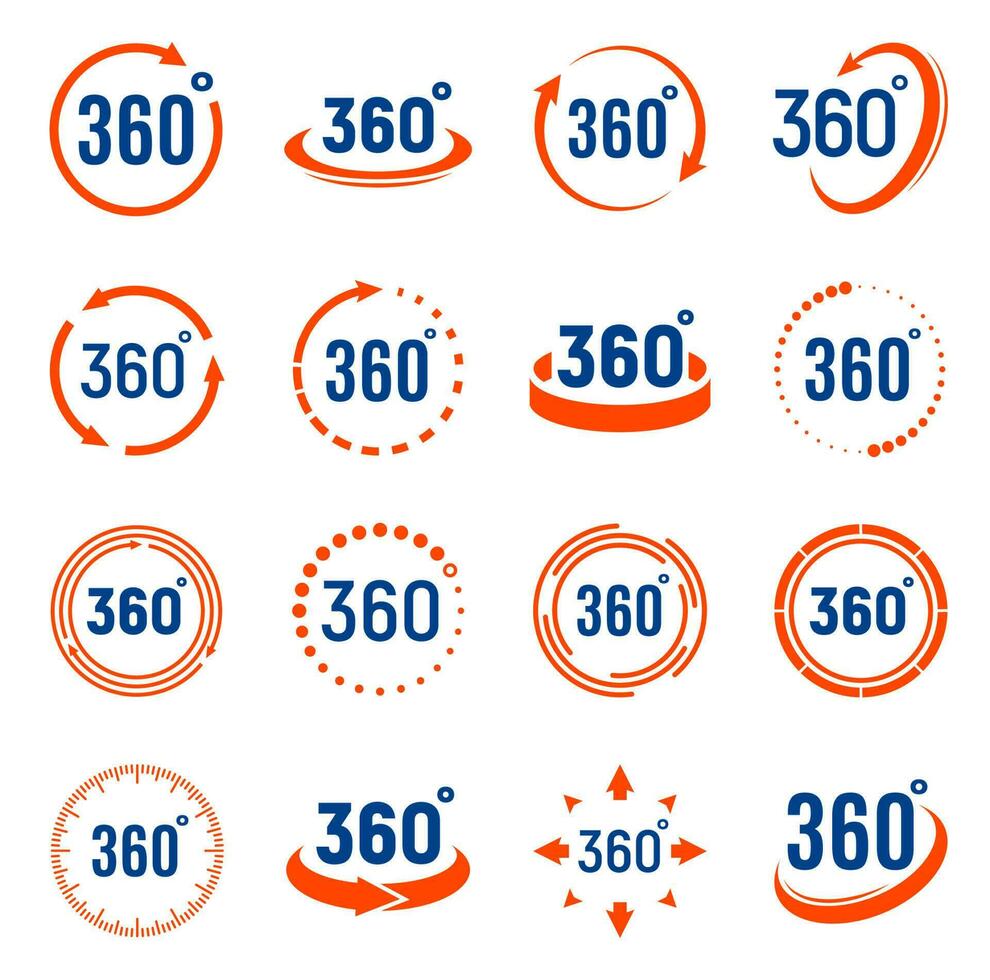 360 degrees rotate icons, 3D virtual perspective vector