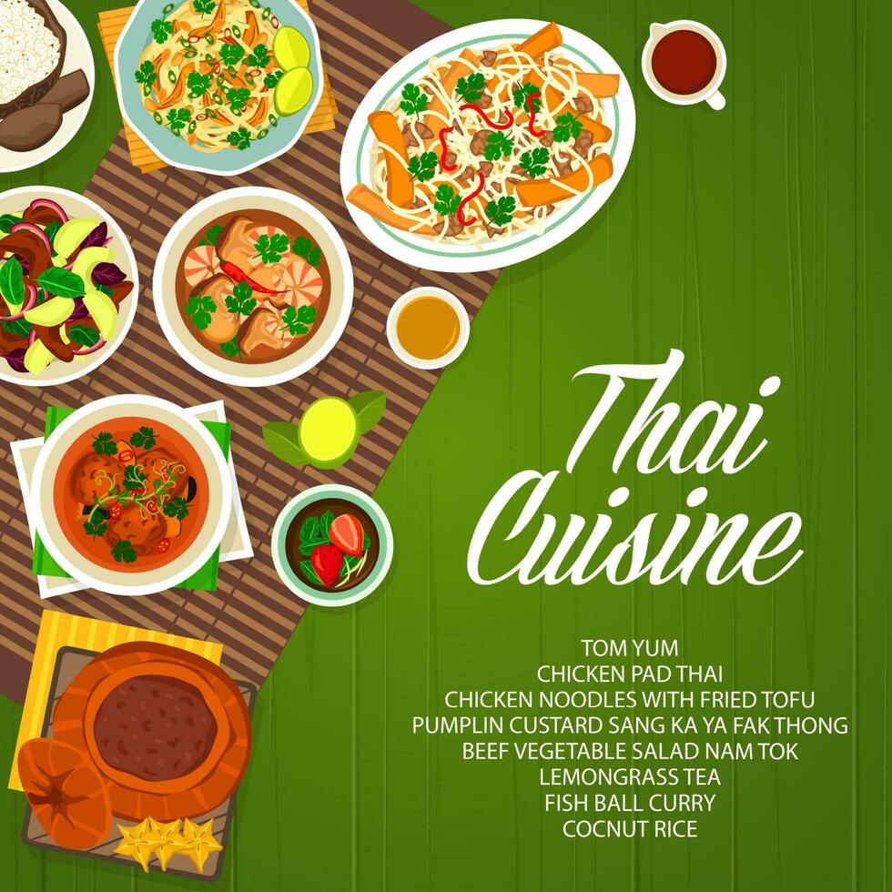 Thai food, Thailand cuisine and Asian dishes menu vector