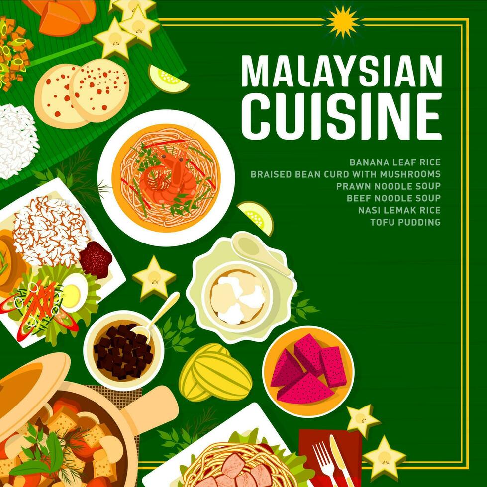 malasio cocina menú cubrir, malayo comida platos vector