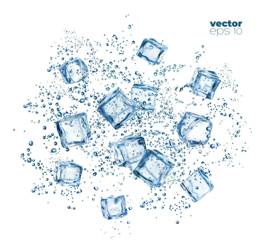 hielo cristal cubitos y agua gotas en congelado chapoteo vector