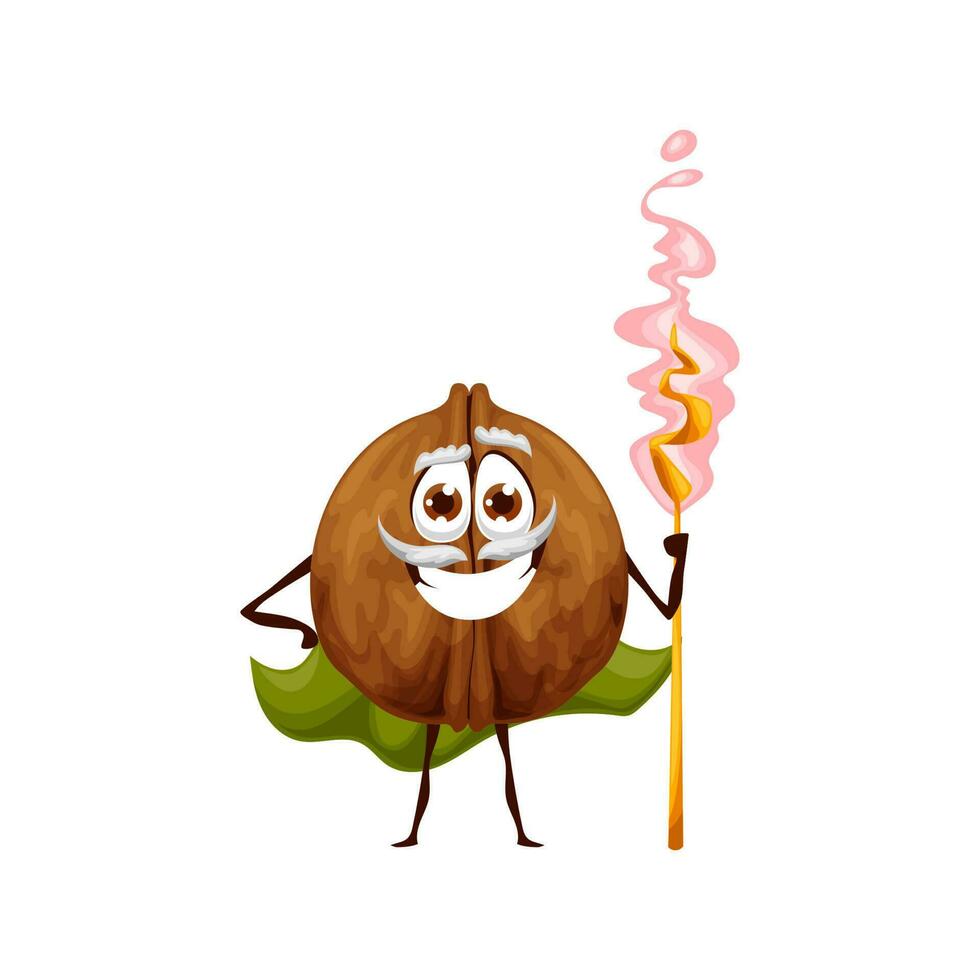 Funny walnut wizard character, vector magician nut