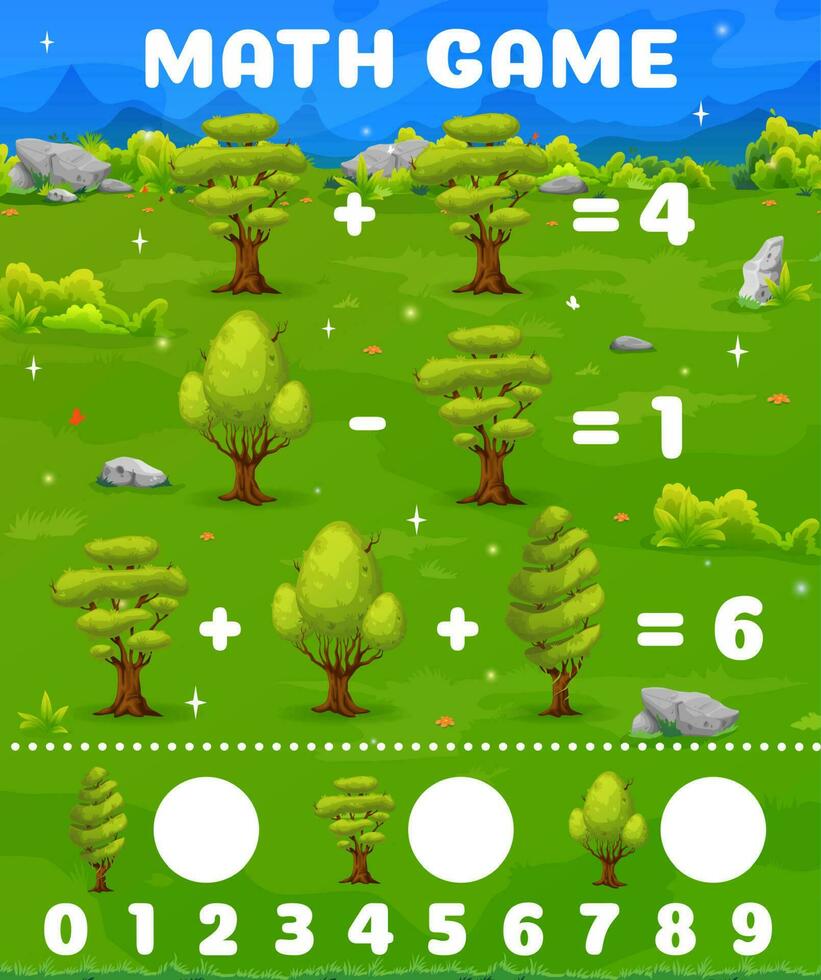 Cartoon forest trees, summer landscape, math game vector