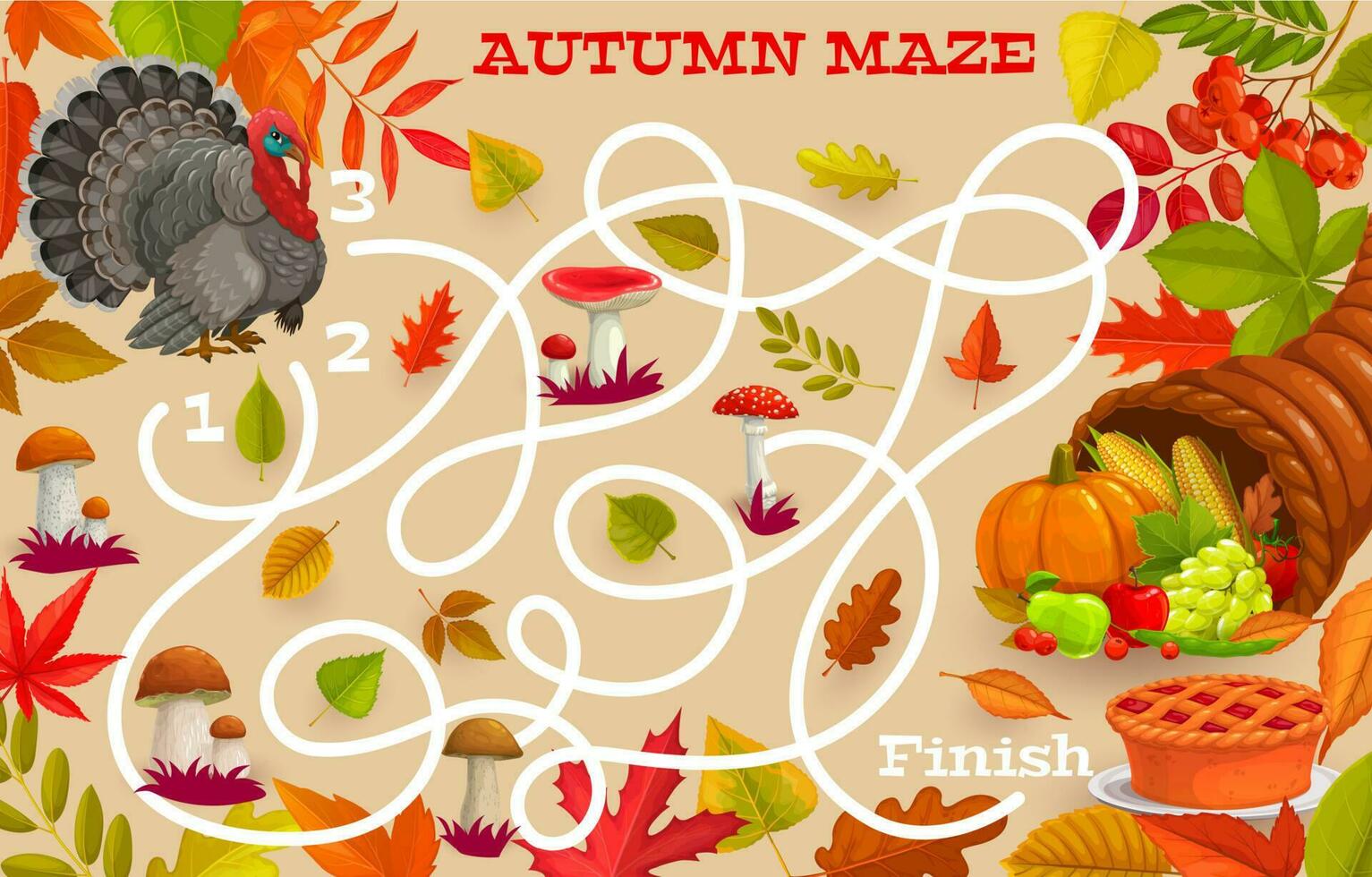 Thanksgiving labyrinth maze, cornucopia and turkey vector