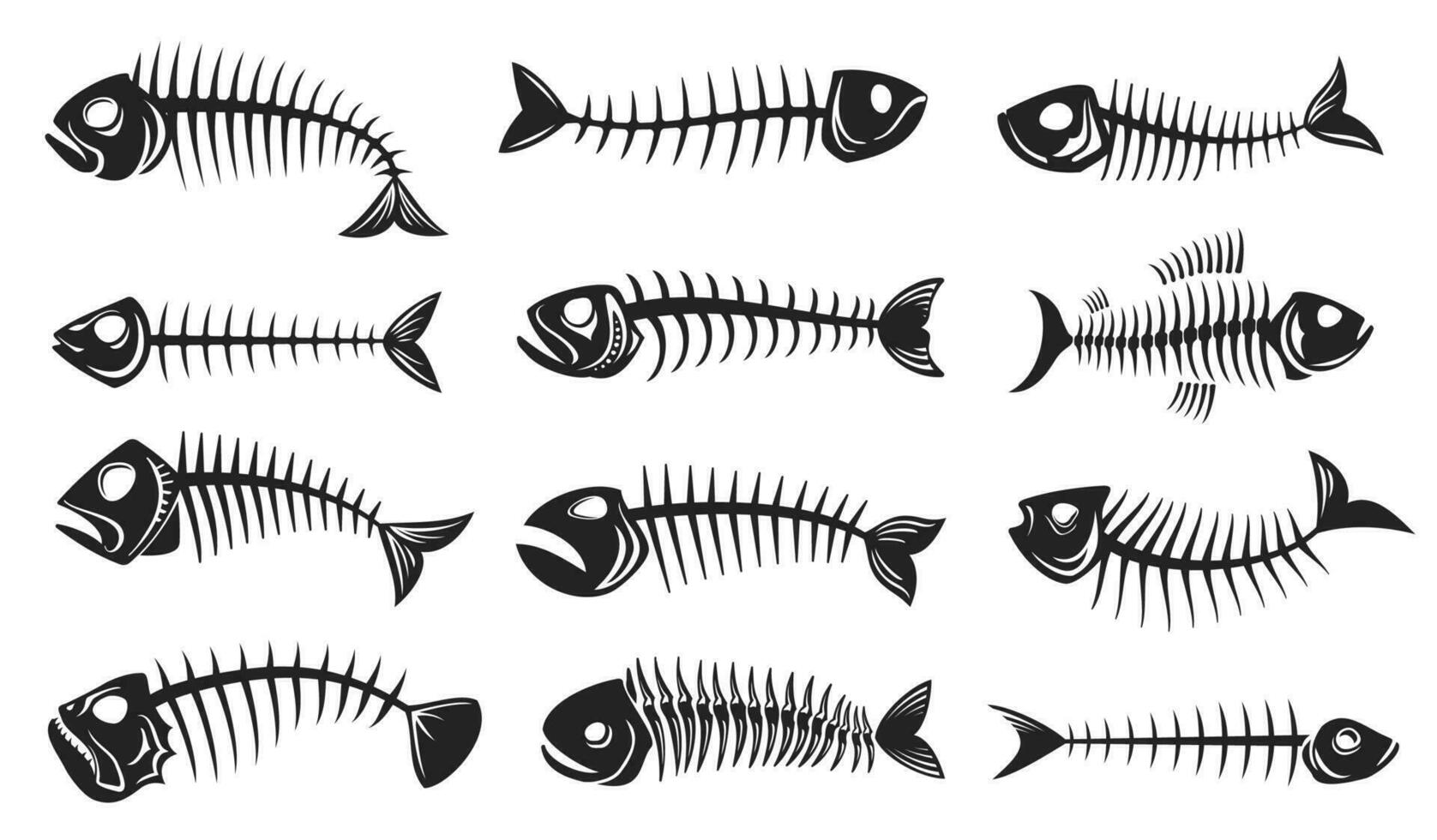 Fish bone icons, fishbone skeleton silhouettes vector