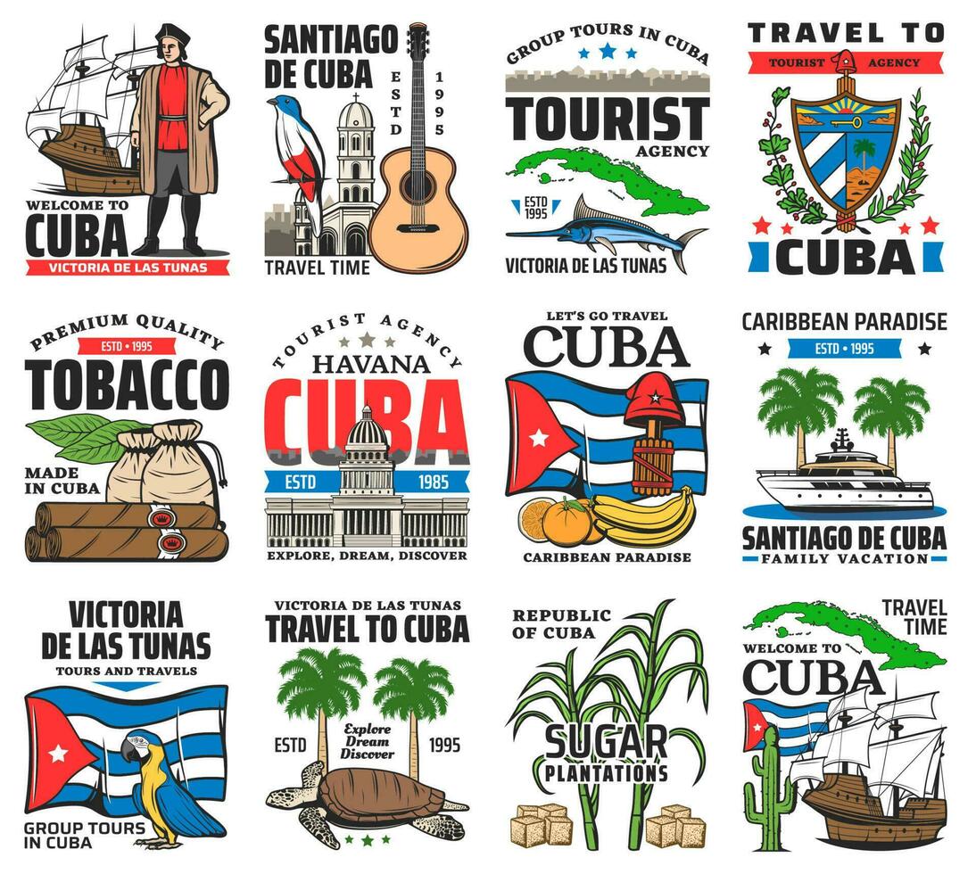 Cuba attractions, havana vacation tours icons vector