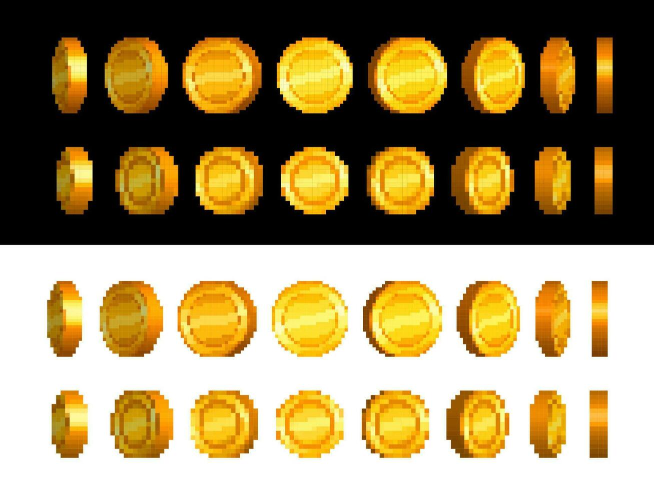 Golden coin animation sprite frames, pixel art vector