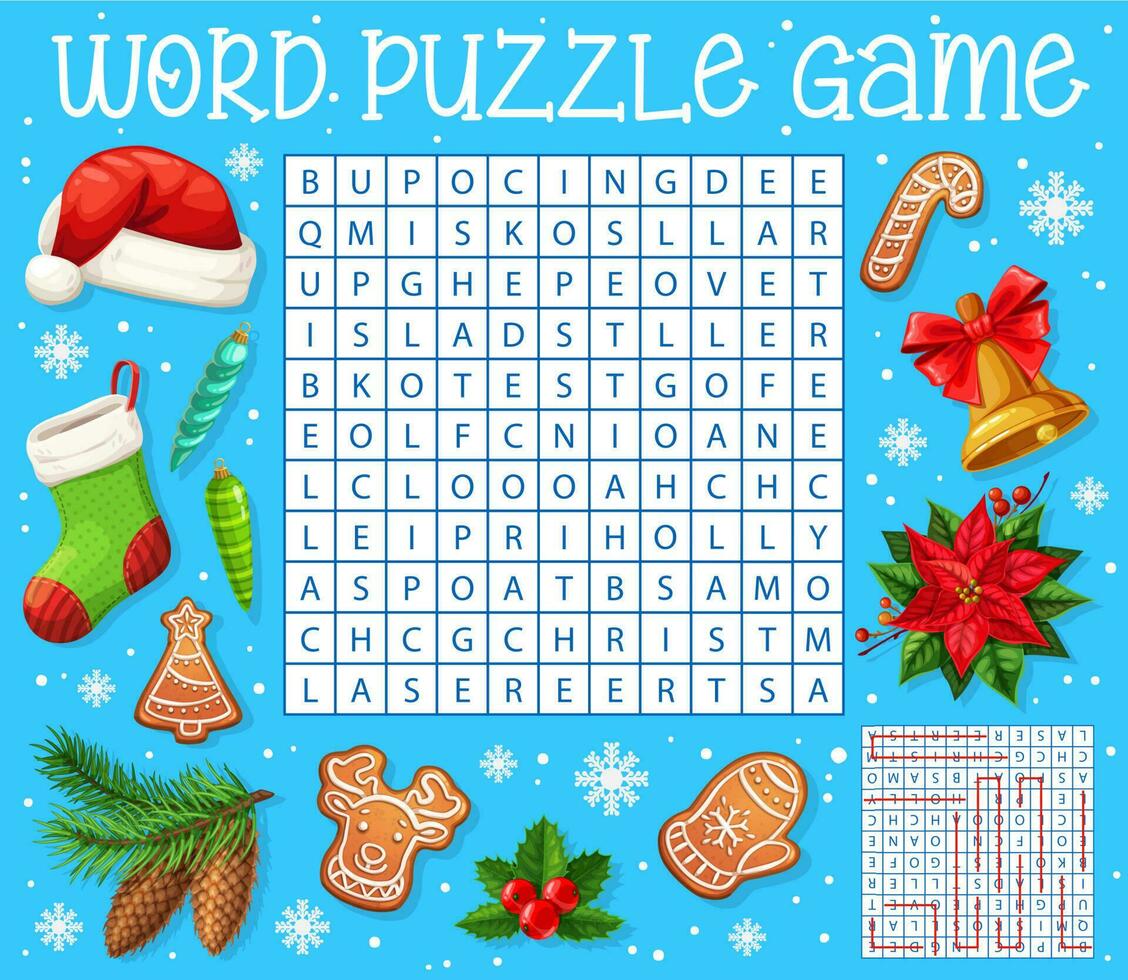 Christmas tree decorations, word search puzzle vector