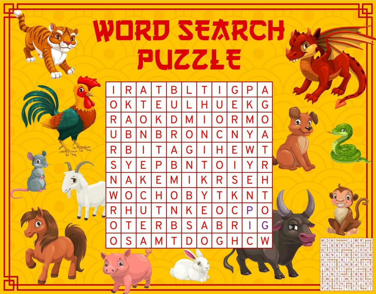 Chinese horoscope cartoon animals, word search vector