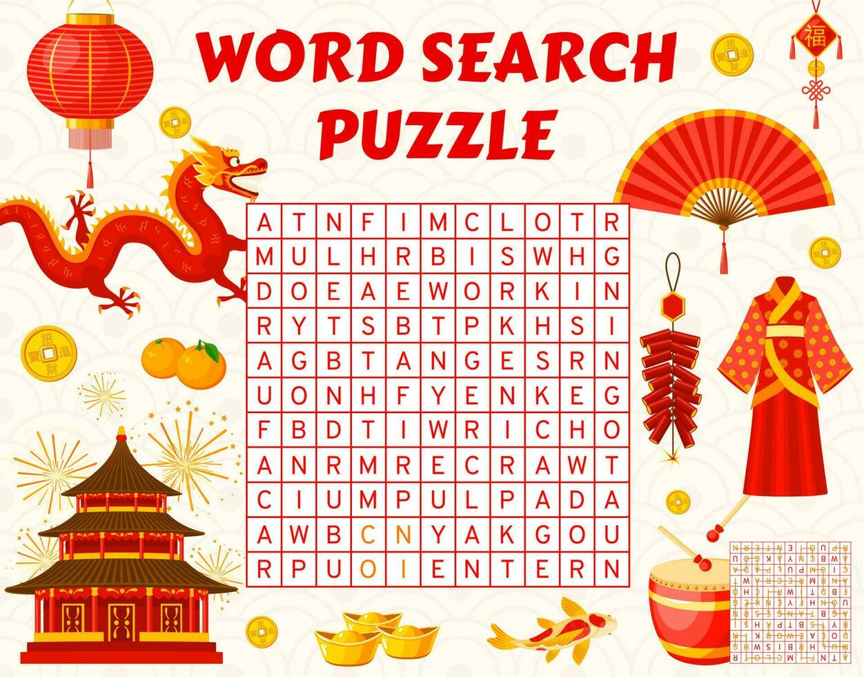 Chinese holidays word search puzzle game worksheet vector