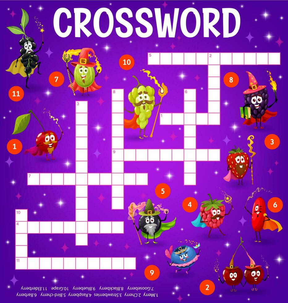 Cartoon berry fairy and wizard crossword vector