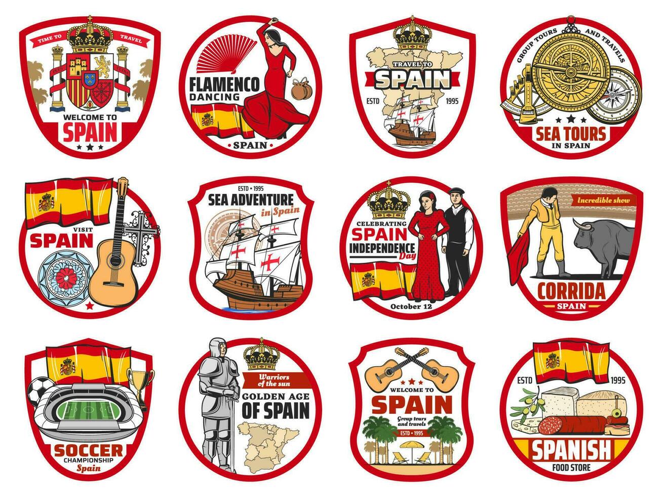 España y Barcelona aislado iconos, viaje turismo vector