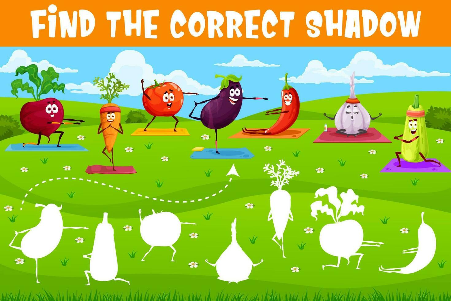 Find correct shadow, cartoon vegetables on yoga vector