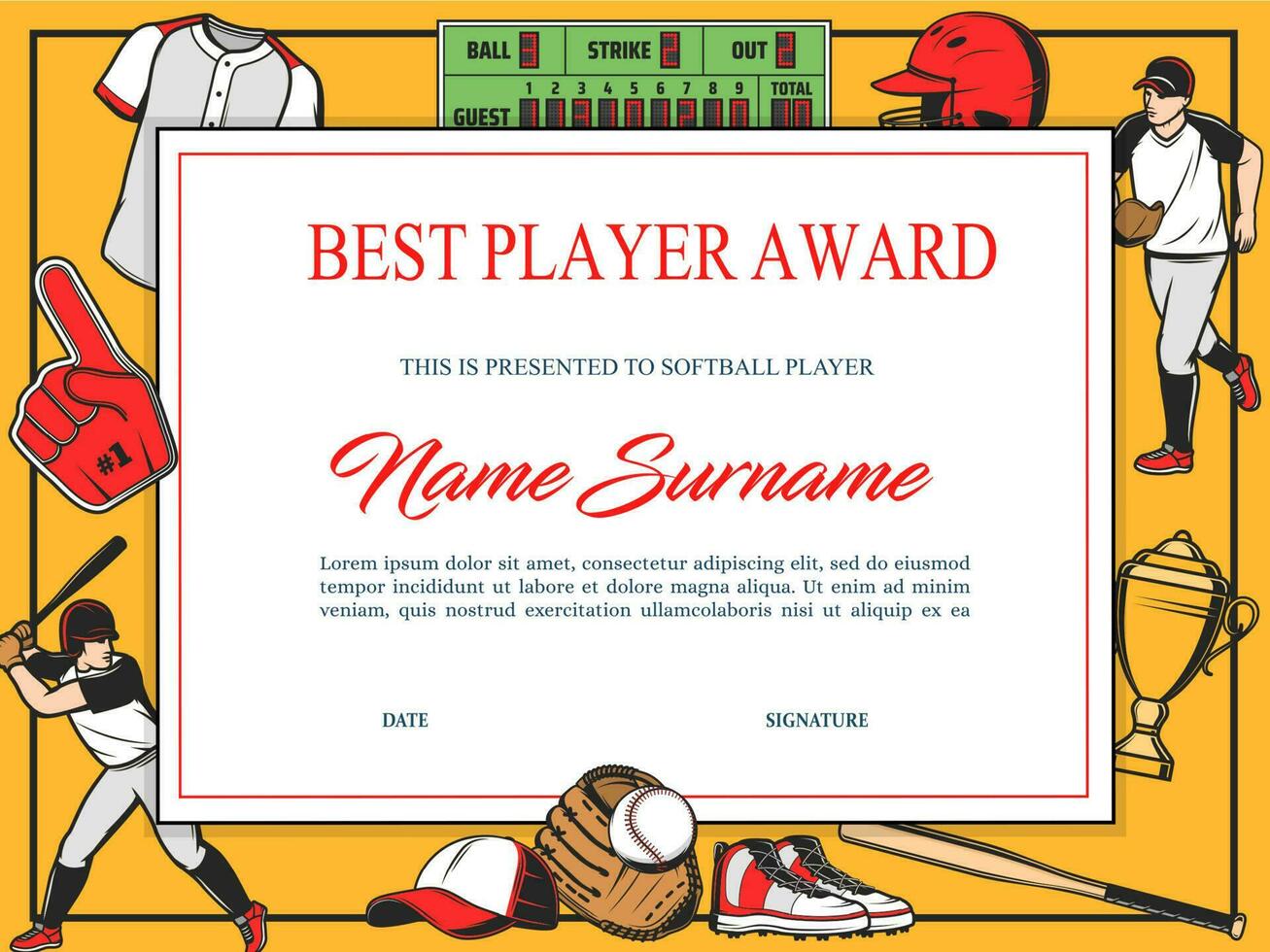 Baseball best player award diploma vector template