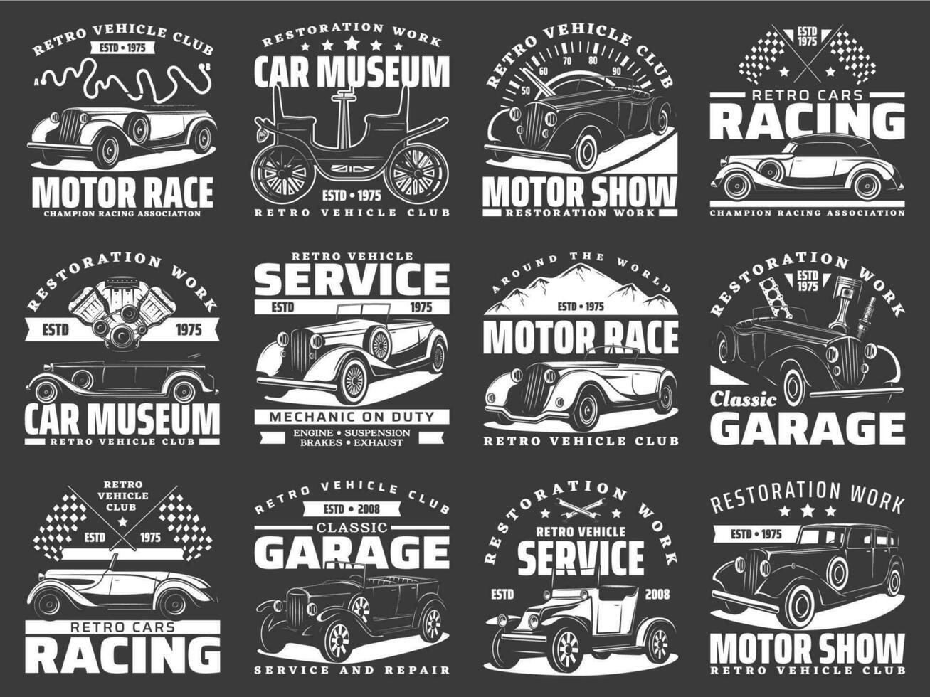 Car service and racing icons, motor rally, repair vector