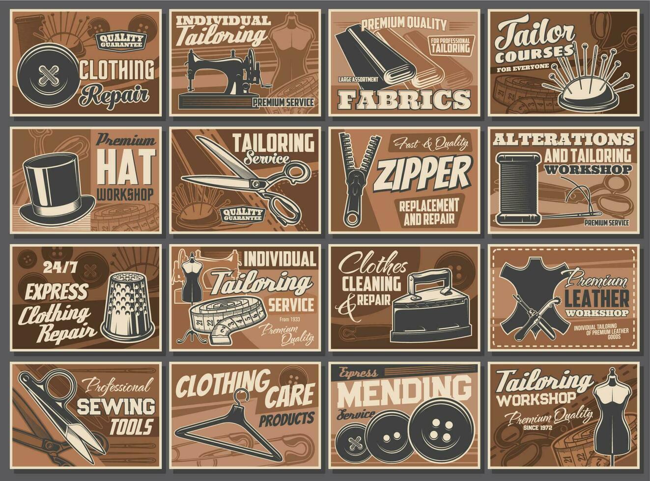Tailoring service and sewing tools retro posters vector