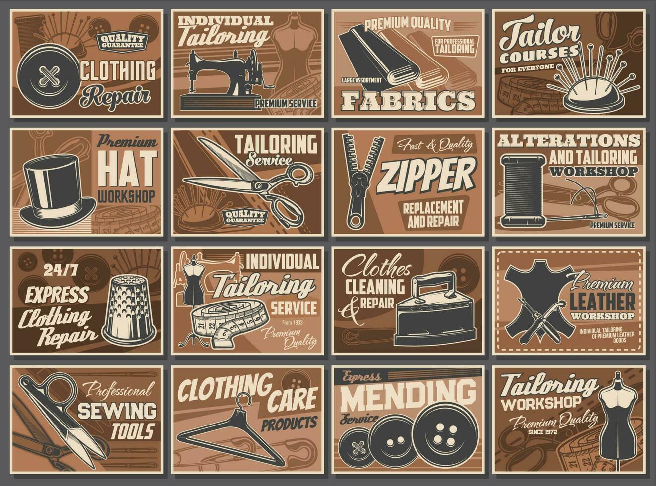 Tailoring service and sewing tools retro posters vector