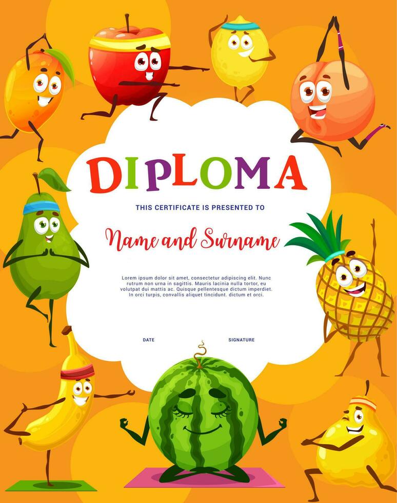 niños diploma, dibujos animados frutas en aptitud yoga deporte vector