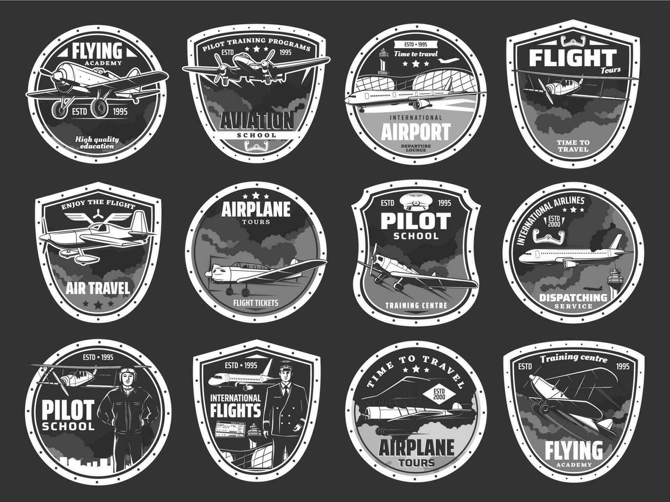 Aviation school, air tour and airline vector icons