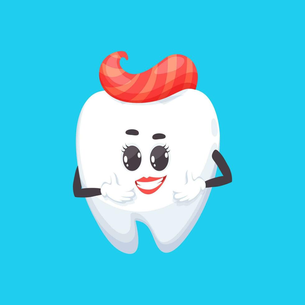 Healthy tooth emoticon girl red lips, dentistry vector