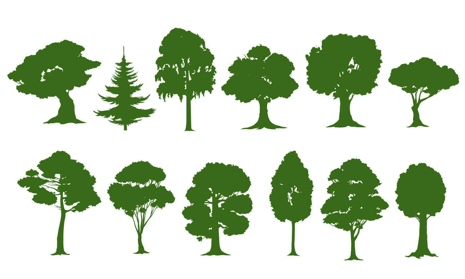 Isolated tree silhouettes, forest and garden trees vector
