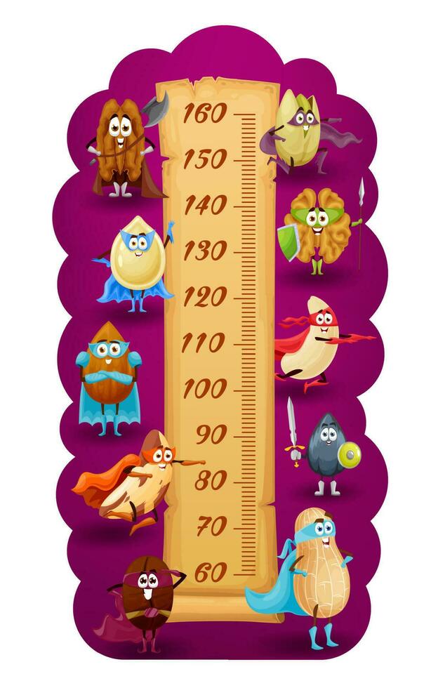 Cartoon nut superheroes, kids height chart ruler vector