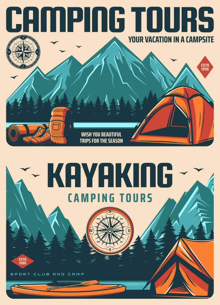 cámping, kayak y excursionismo viaje vector carteles