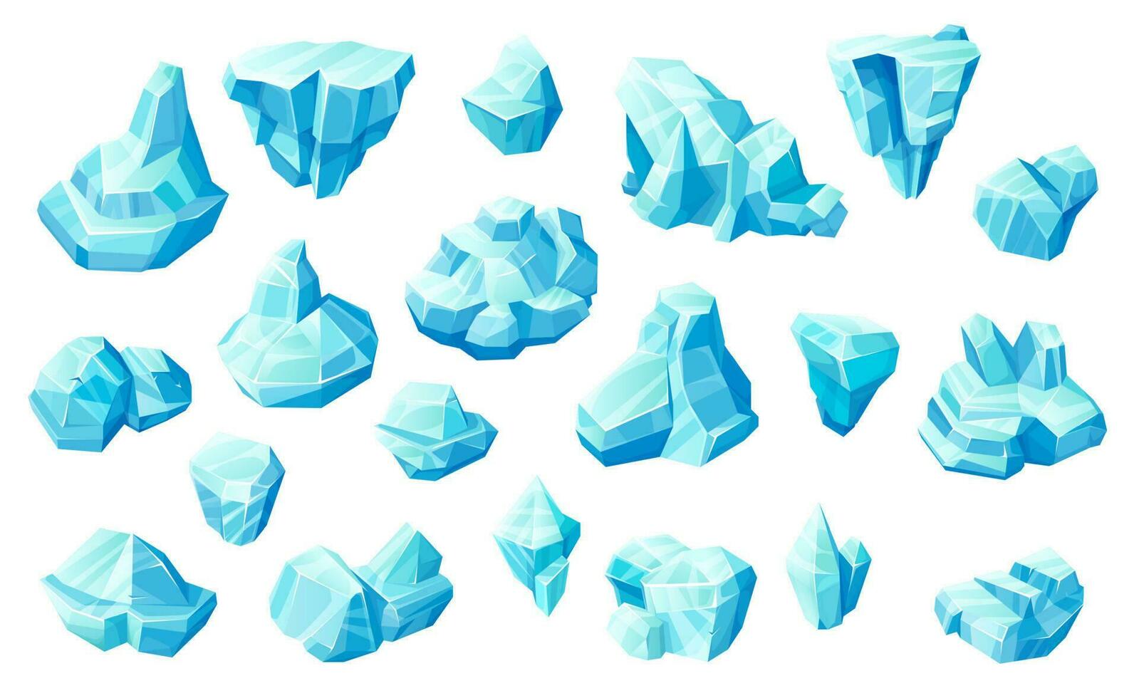 Ice cubes and crystals, blue ice blocks game asset vector