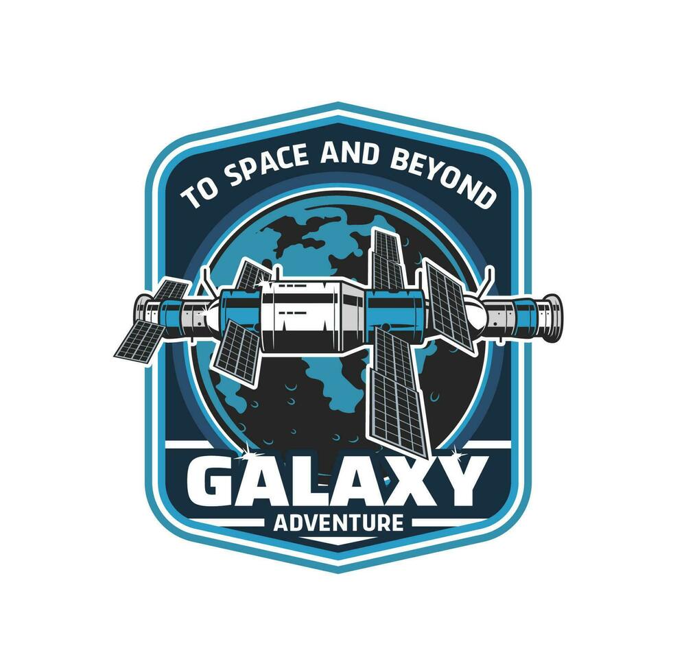 Orbital space station, galaxy adventure retro icon vector