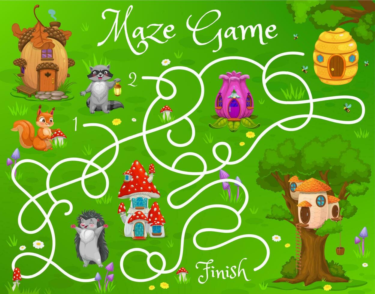 Kids labyrinth maze game with squirrel, raccoon vector