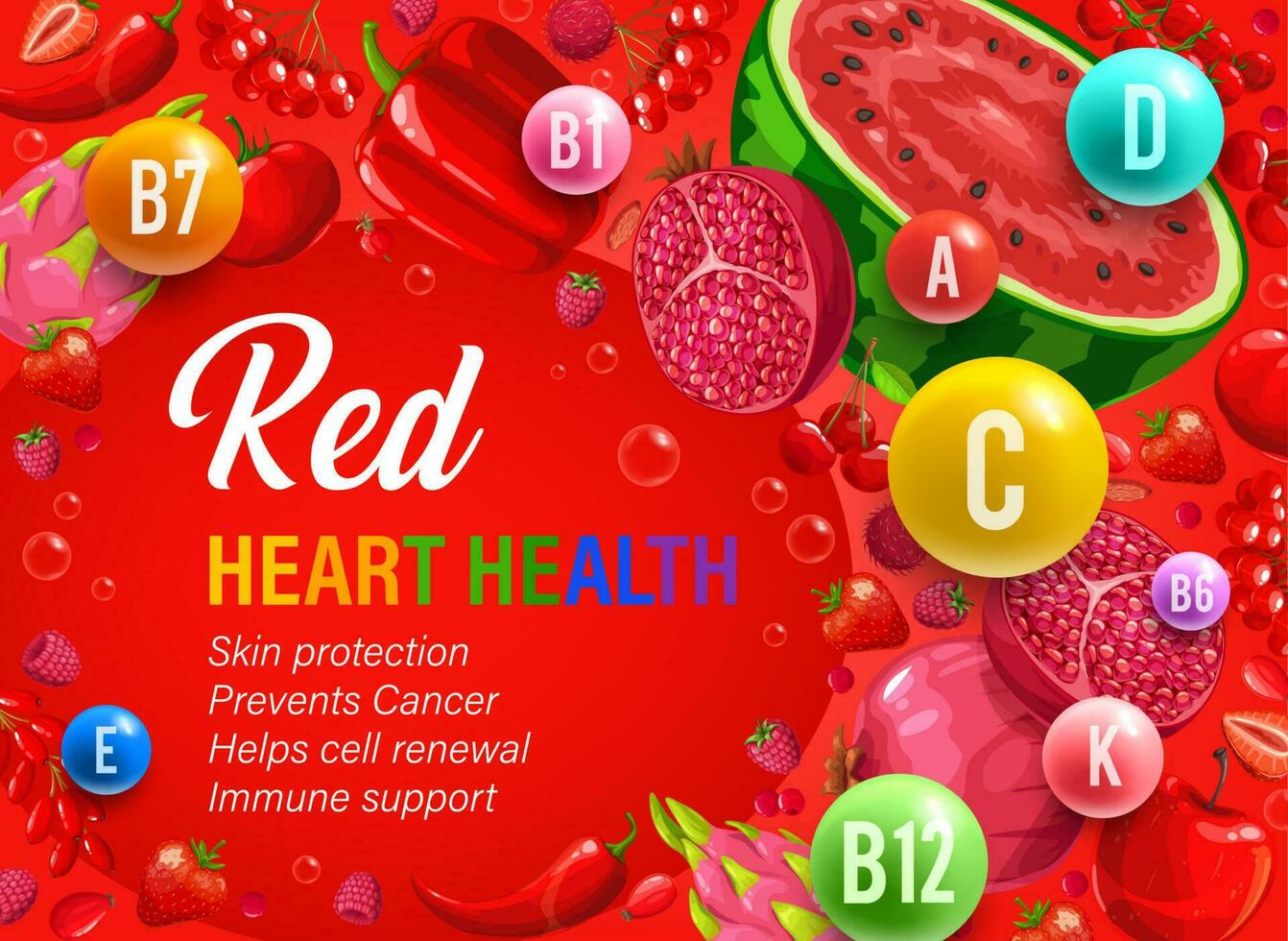 rojo día, color arco iris dieta, corazón salud comida vector