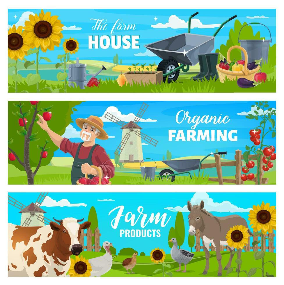 Farmer with farm animals, vegetables and tools vector