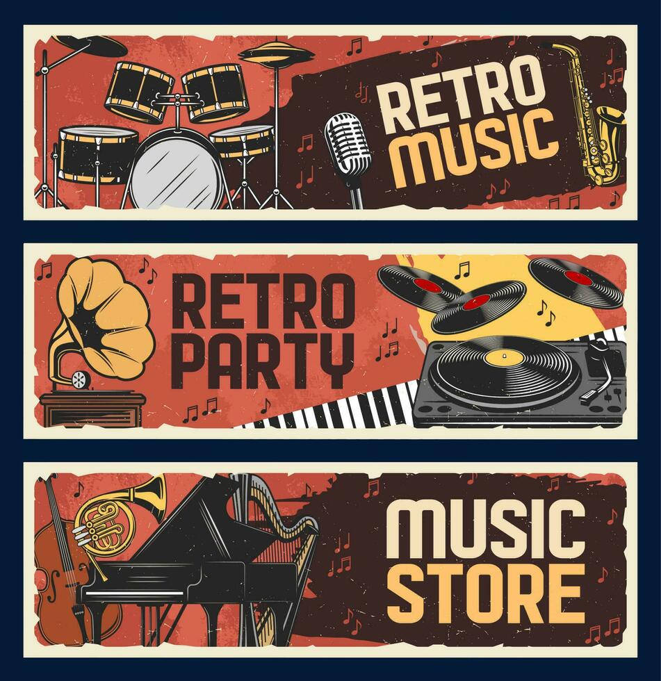Music store banners, retro music instruments vector