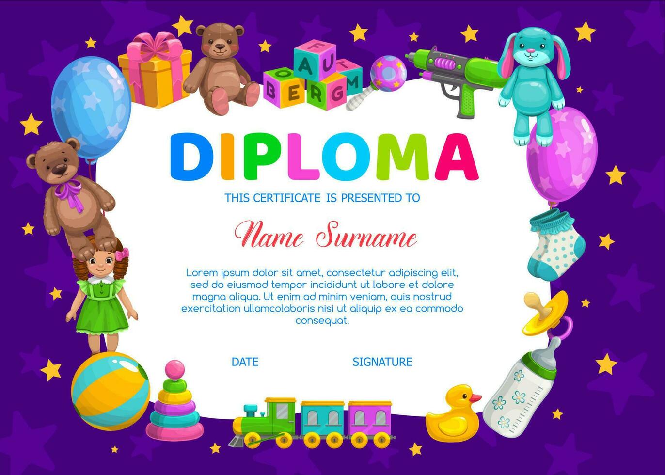 Kids diploma for kindergarten with vector toys