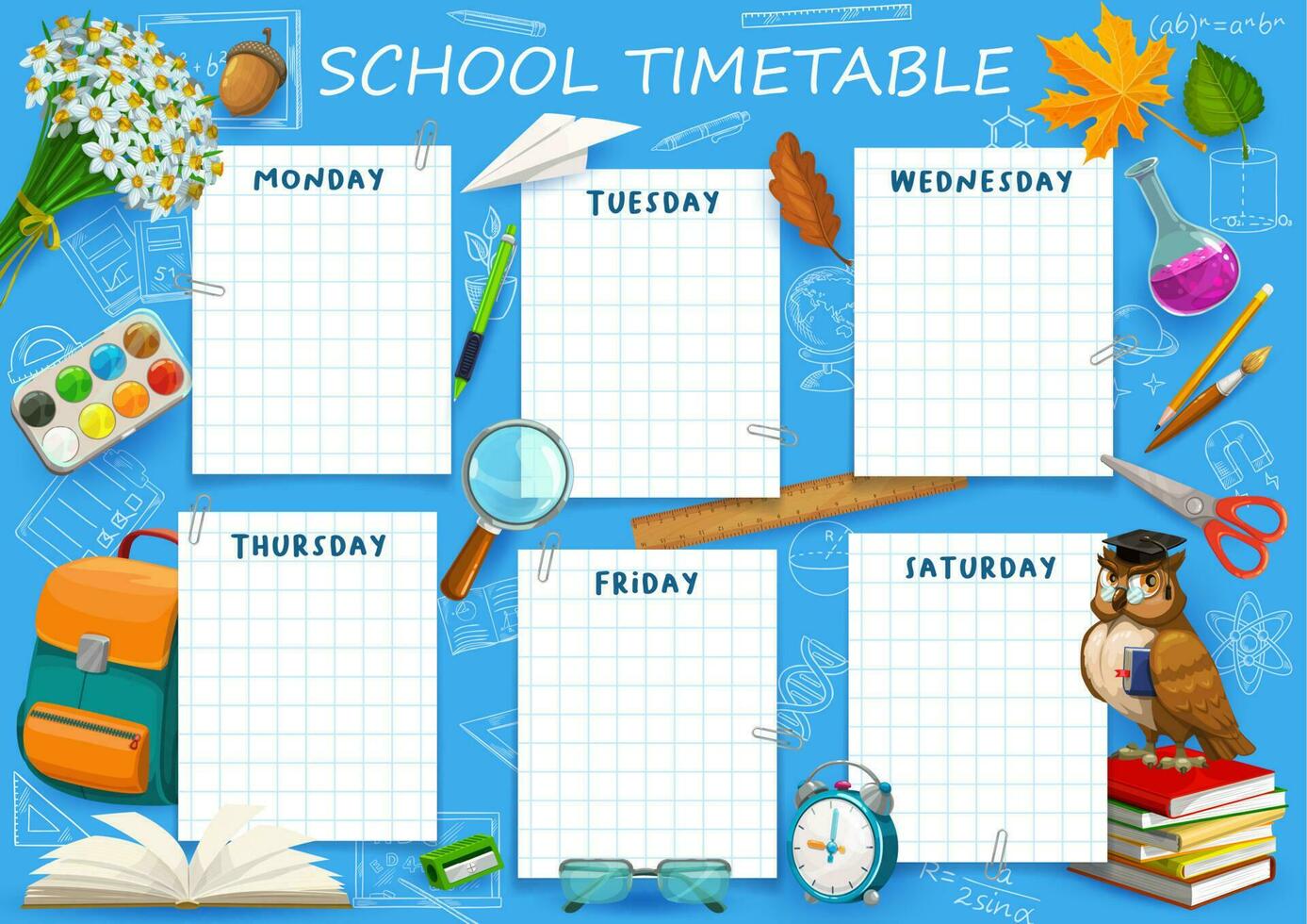 School timetable schedule template, weekly planner vector