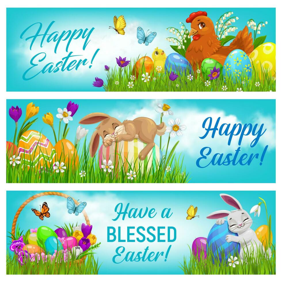 Happy Easter cartoon vector banners, postcards set