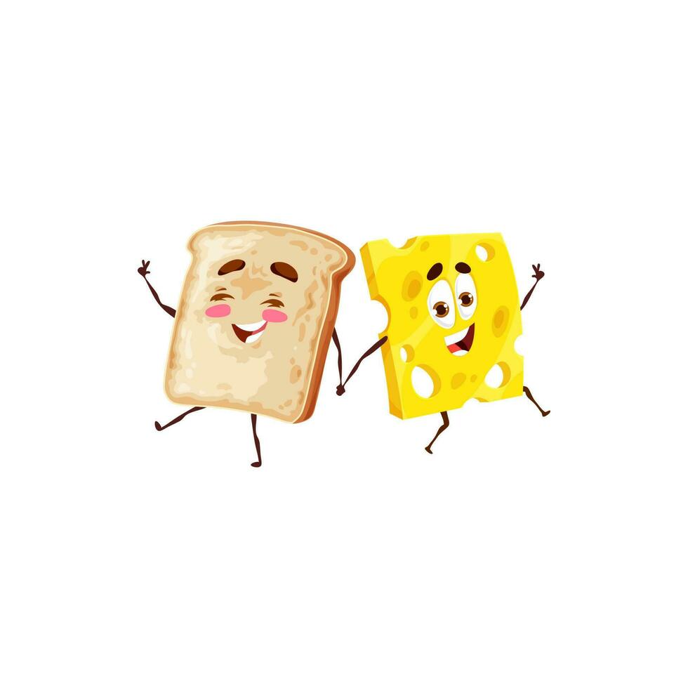 Cartoon toast bread and cheese funny characters vector